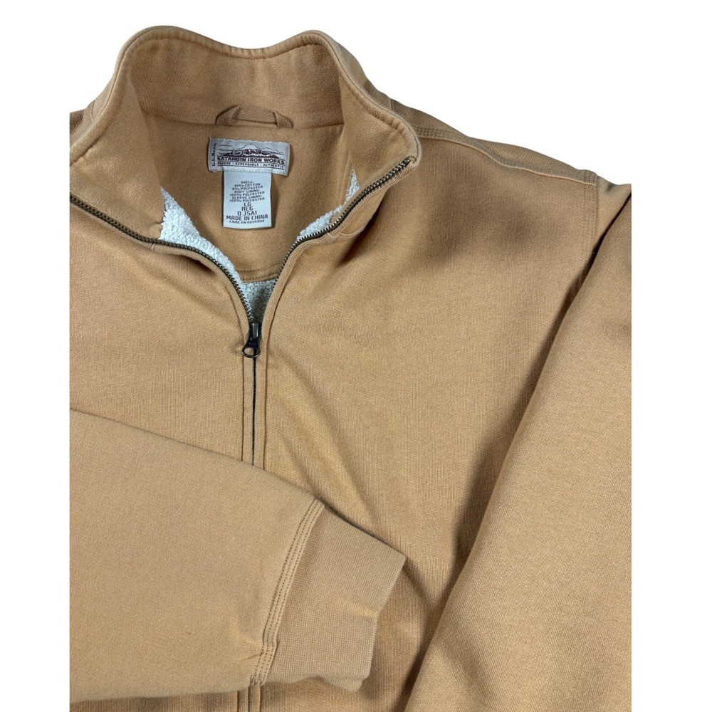 LL Bean Katahdin Iron Works Full Zip Sherpa Lined Sweatshirt Jacket Tan Mens LG